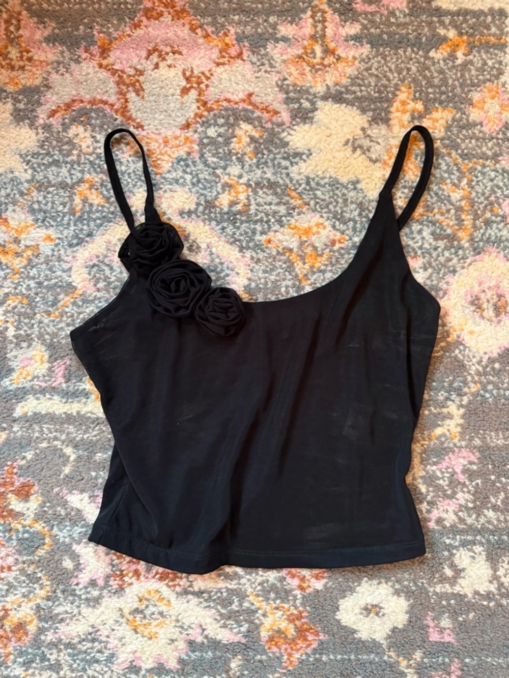 Black Floral Appliqué Cami Tank Top